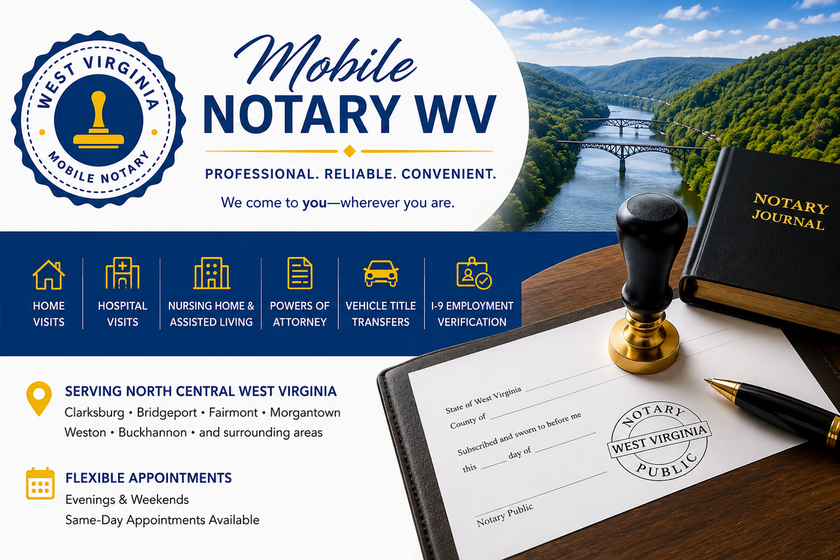 Mobile Notary Services in Clarksburg, WV: Convenient Notarization at Your Home, Office, Hospital, or Care Facility