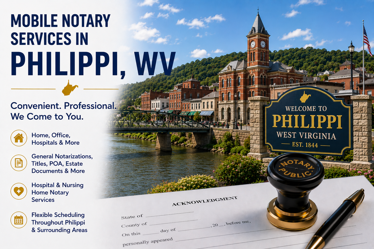 Mobile notary services in Philippi, WV 26416 serving Barbour County including homes, offices, hospitals, and nursing facilities.