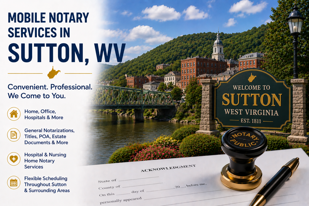 Mobile notary services in Sutton, WV 26601 serving Braxton County and nearby communities throughout Central West Virginia.
