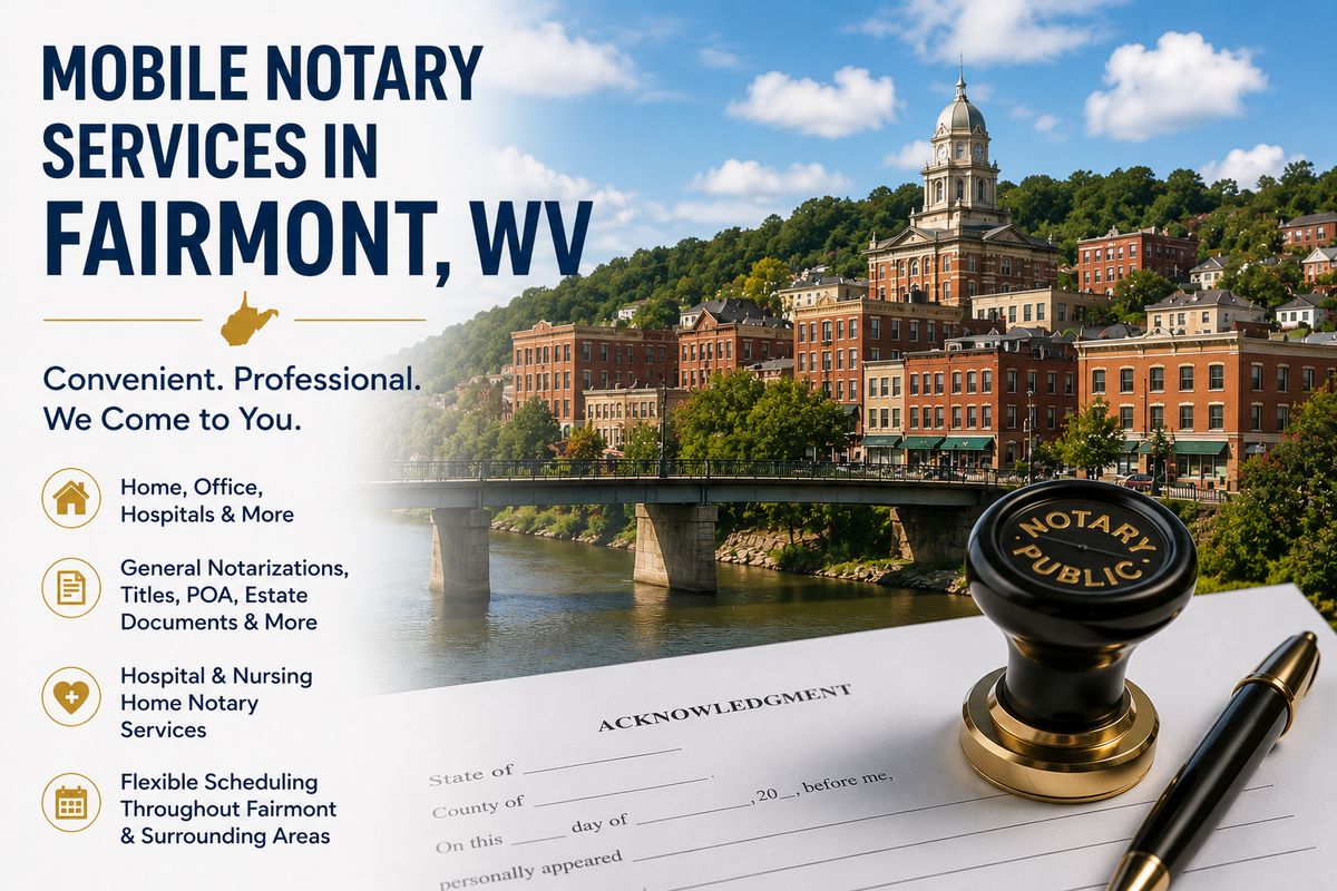 Mobile notary services in Fairmont, WV 26554 serving Marion County and surrounding communities throughout North Central West Virginia.