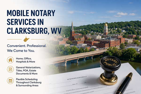 Mobile notary services in Clarksburg, WV 26301 serving Harrison County including offices, homes, hospitals, and businesses.