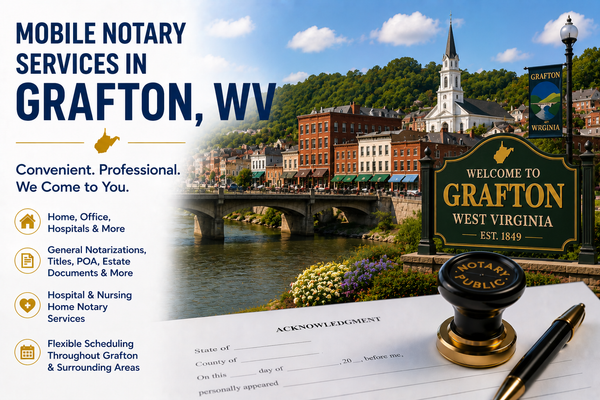 Mobile notary services in Grafton, WV 26354 serving Taylor County with flexible mobile notary appointments.