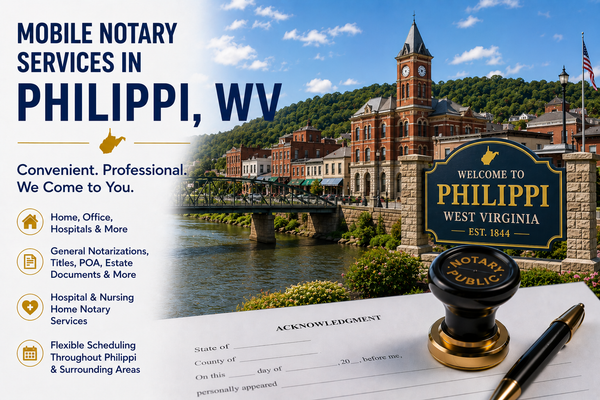 Mobile notary services in Philippi, WV 26416 serving Barbour County including homes, offices, hospitals, and nursing facilities.