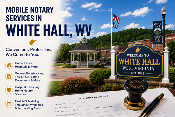 Mobile notary services in White Hall, WV 26554 serving Marion County and surrounding communities in North Central West Virginia.