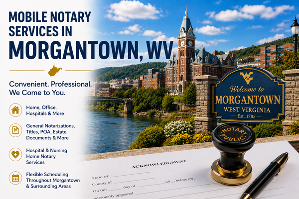 Mobile notary services in Morgantown, WV 26501, 26505, and 26508 serving Monongalia County and surrounding communities.