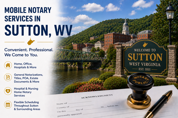 Mobile notary services in Sutton, WV 26601 serving Braxton County and nearby communities throughout Central West Virginia.