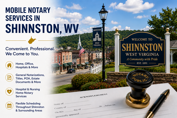 Mobile notary services in Shinnston, WV 26431 serving Harrison County and nearby communities throughout North Central West Virginia.