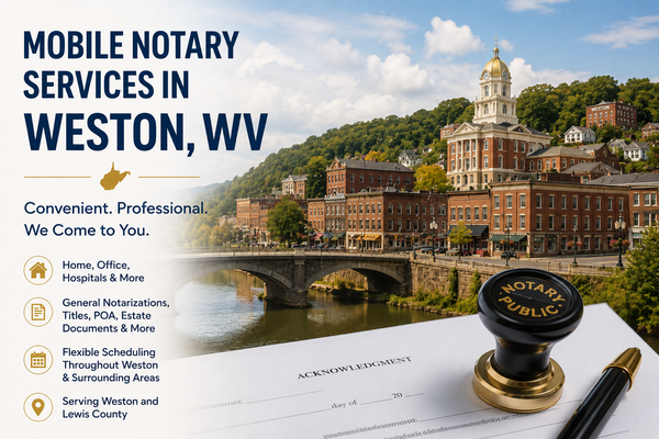Mobile notary services in Weston, WV 26452 serving Lewis County with convenient mobile notary services for homes, businesses, and hospitals.